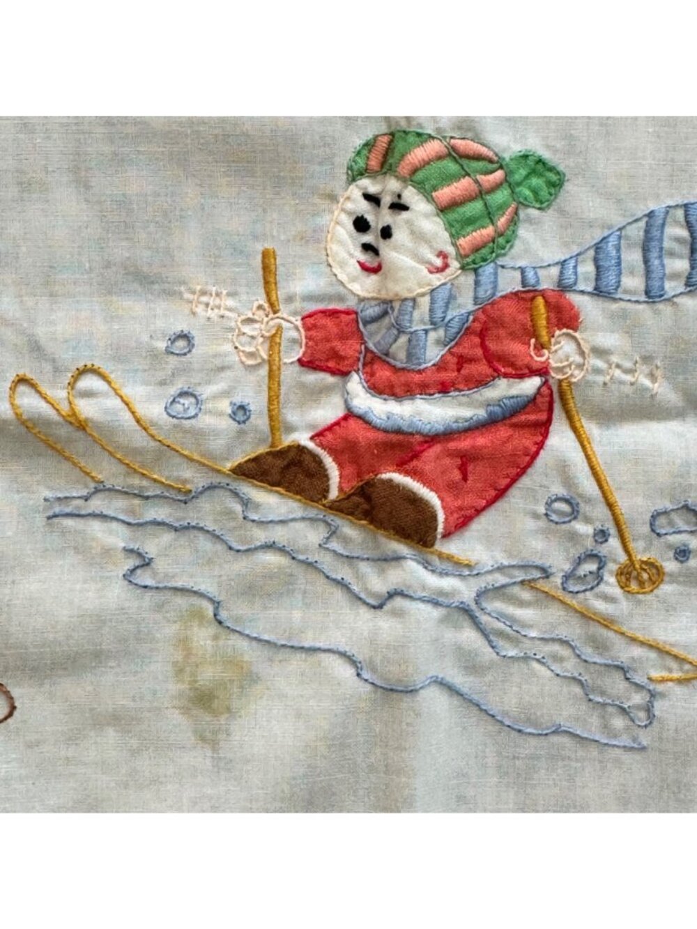 Vintage Embroidered Baby Crib Flat Sheet Jump Rope Skiing Baseball White Pink - Picture 6 of 9
